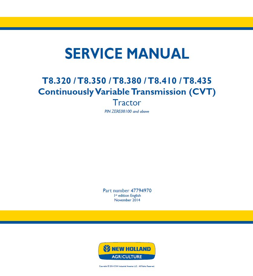 New Holland T8.320-T8.435 CVT Tractor Service Manual | 47794970 PDF