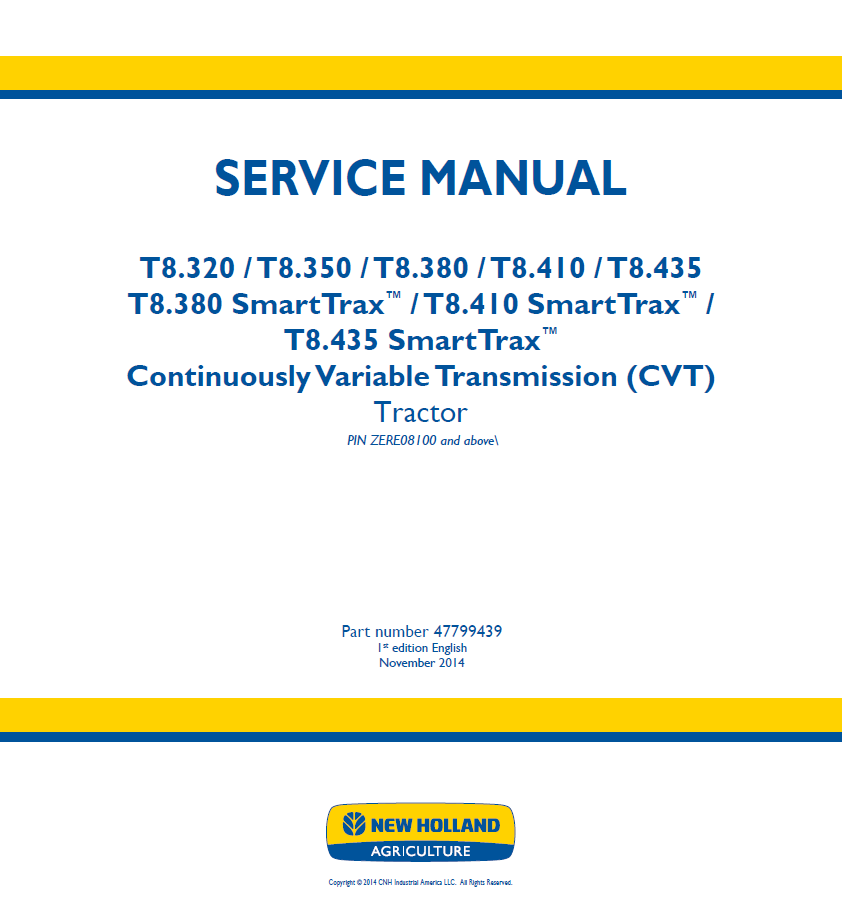 New Holland T8.320-T8.435 & SmartTrax CVT Tractor Service Manual | 47799439 PDF