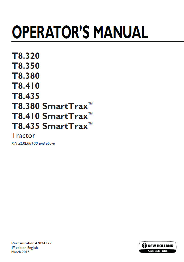 New Holland T8.320-T8.435 & SmartTrax Tractor Operator Manual | 47824572 PDF