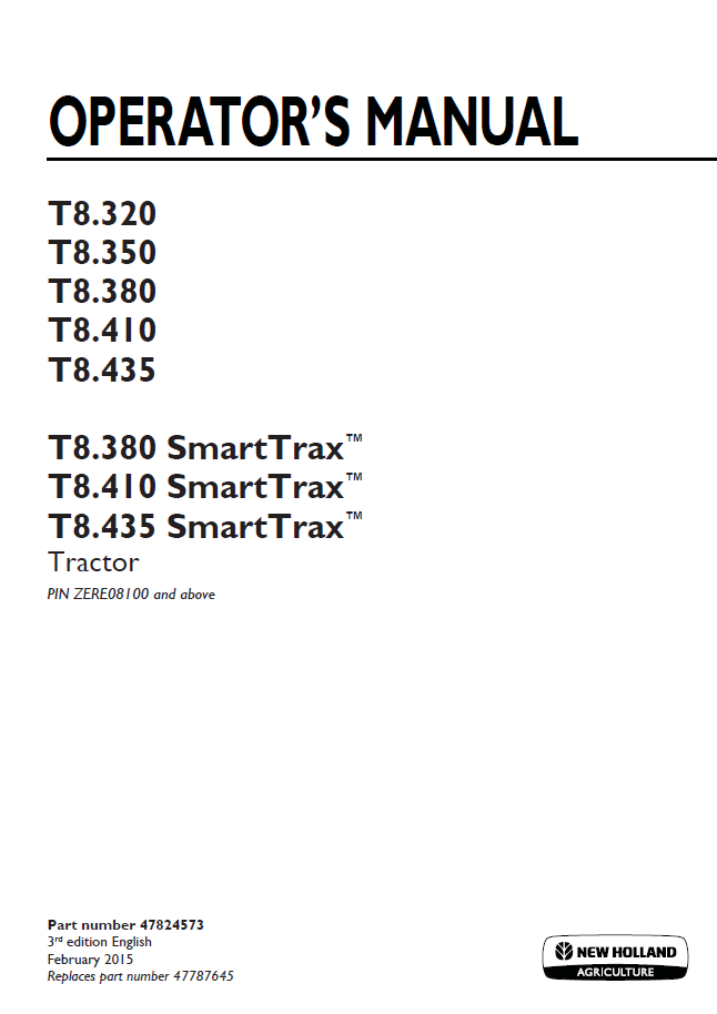 New Holland T8.320-T8.435 & SmartTrax Tractor Operator Manual | 47824573 PDF