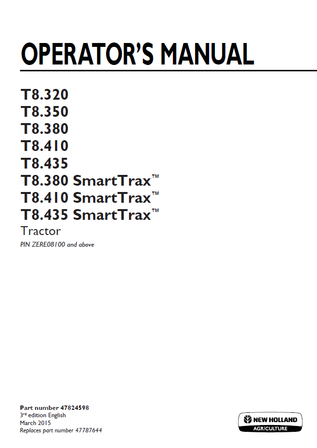 New Holland T8.320-T8.435 & SmartTrax Tractor Operator Manual | 47824598 PDF