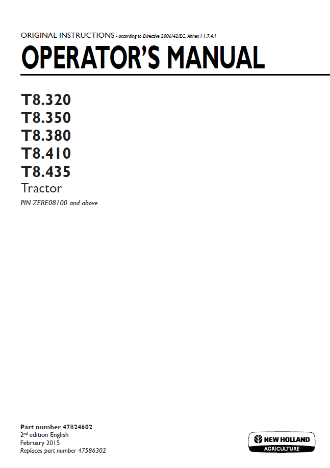 New Holland T8.320-T8.435 Tractor Operator Manual | 47824602 PDF