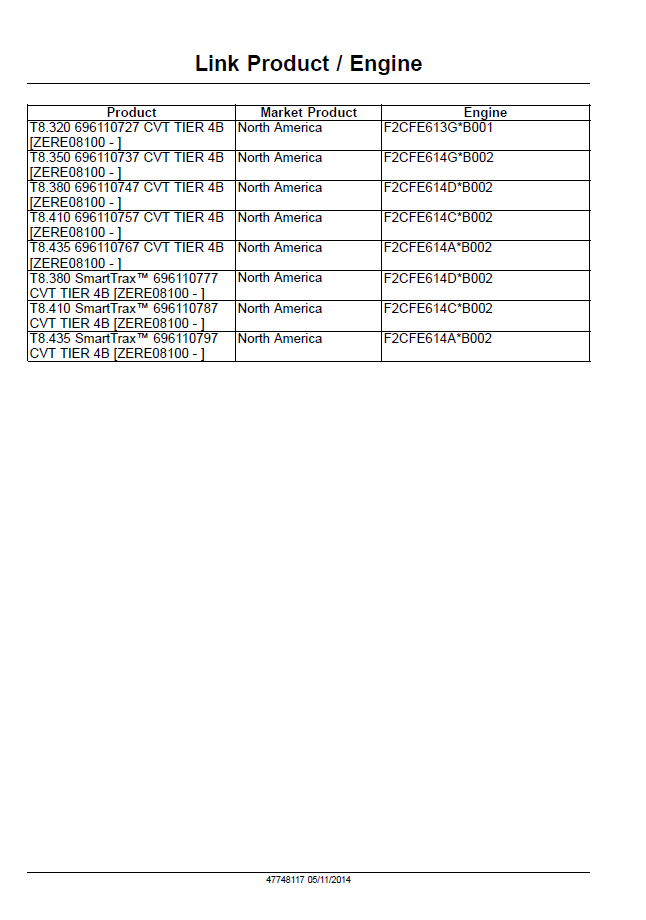 New Holland T8.380 T8.410 T8.435 SmartTrax CVT Repair Manual (47748117)