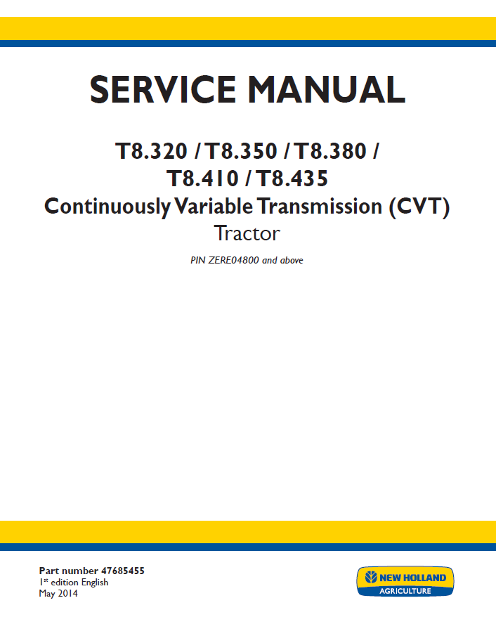 New Holland T8 CVT Tractor Service Manual (47685450)