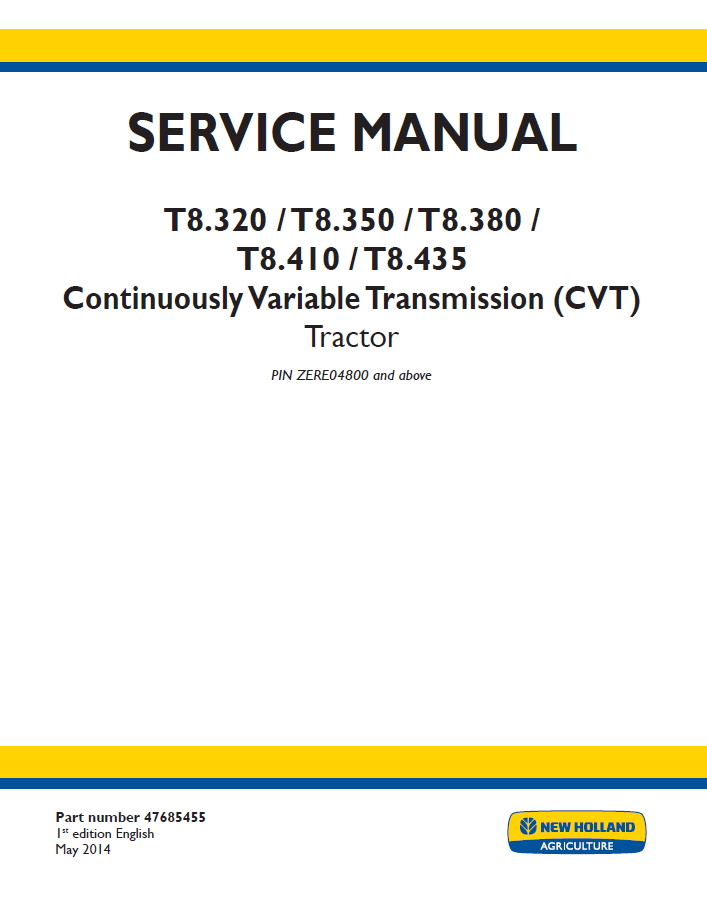 New Holland T8 CVT Tractor Service Manual (47685455)