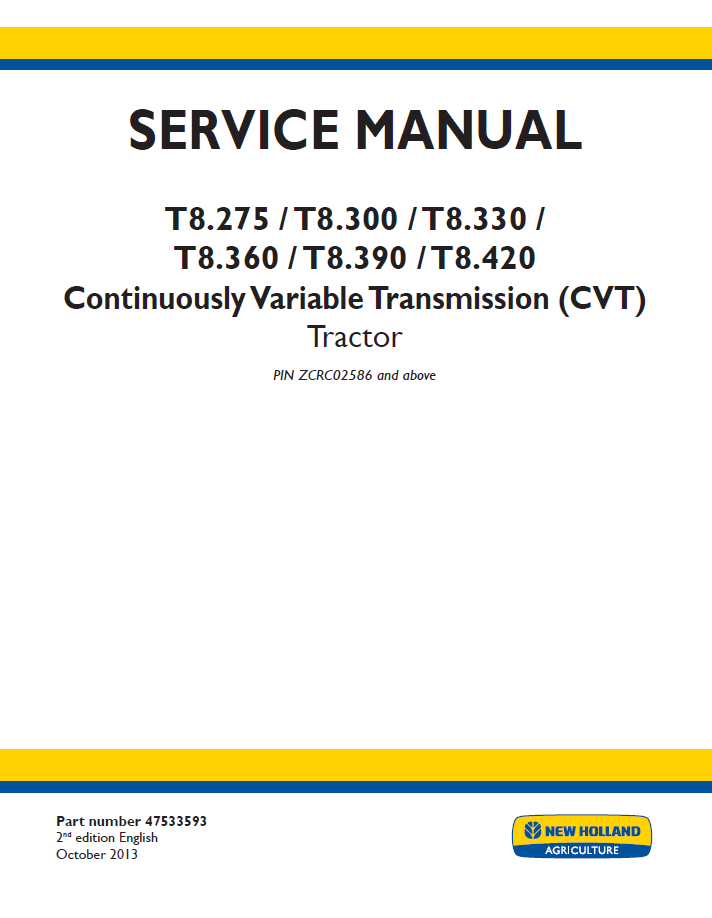 New Holland T8 CVT Tractor Workshop Service Manual (47533593 PDF)