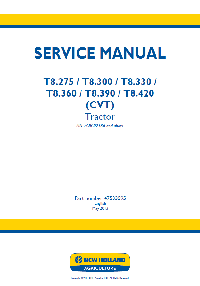 New Holland T8 CVT Tractor Workshop Service Manual (47533595 PDF)