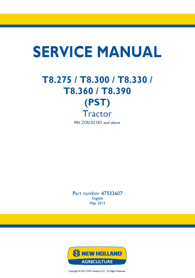 New Holland T8 Powershift Transmission Tractor Workshop Service Manual (47533607 PDF)