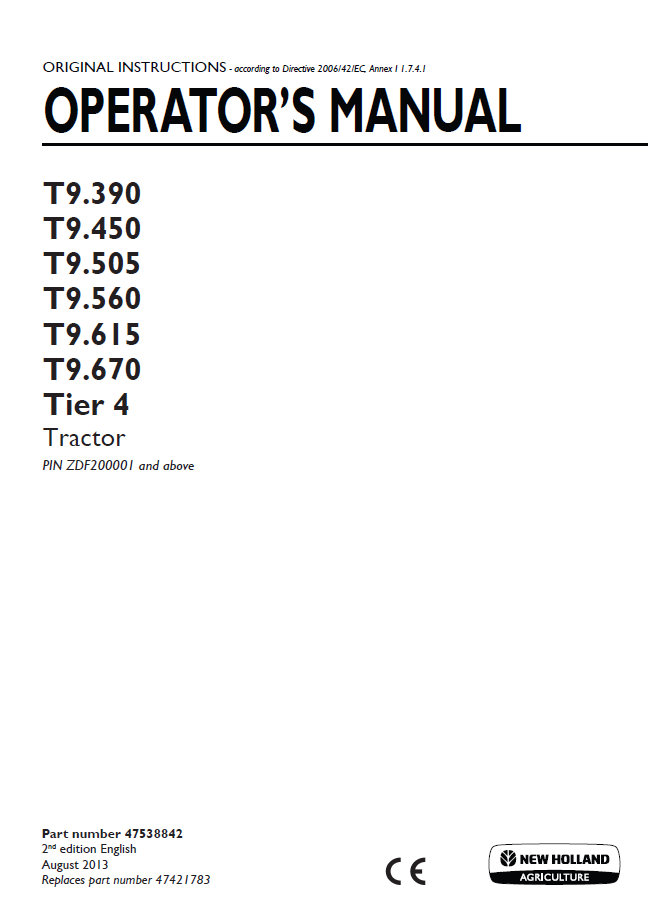 New Holland T9.390 to T9.670 Tier 4 Tractor Operator's Manual (47538842 PDF)
