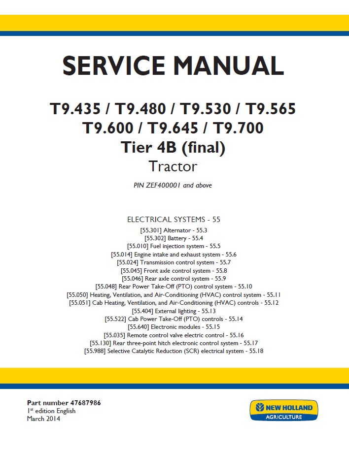 New Holland T9.435–T9.700 Tier 4B Tractor Service Manual (47687986)