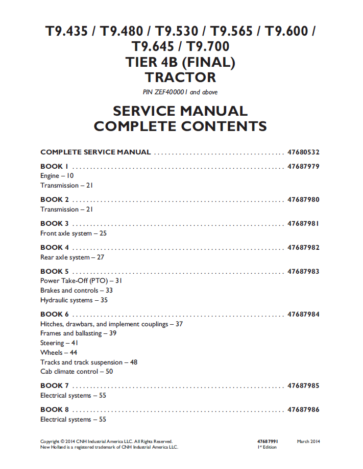 New Holland T9.435–T9.700 Tier 4B Tractor Service Manual (47687991)