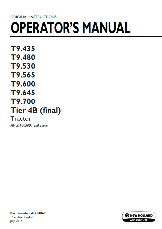 New Holland T9 Series Tier 4B Final Tractor Workshop Manual | 47754862