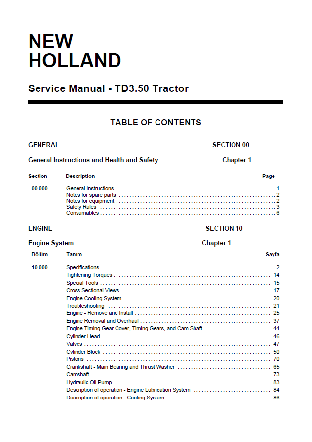 New Holland TD3.50 Tractor Workshop & Service Manual 47840677 PDF