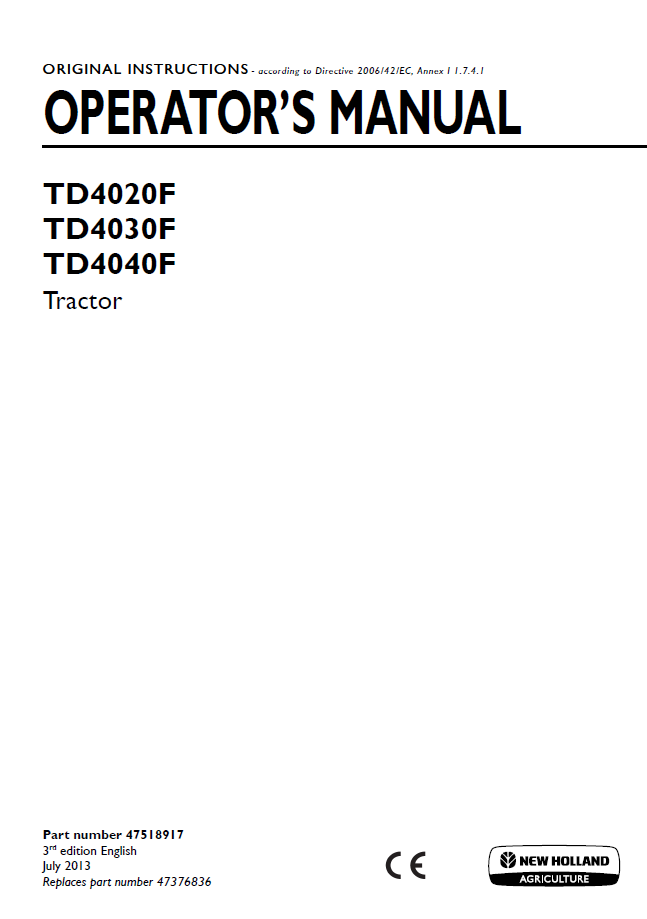 New Holland TD4020F TD4030F TD4040F Tractor Operator's Manual (47518917 PDF)