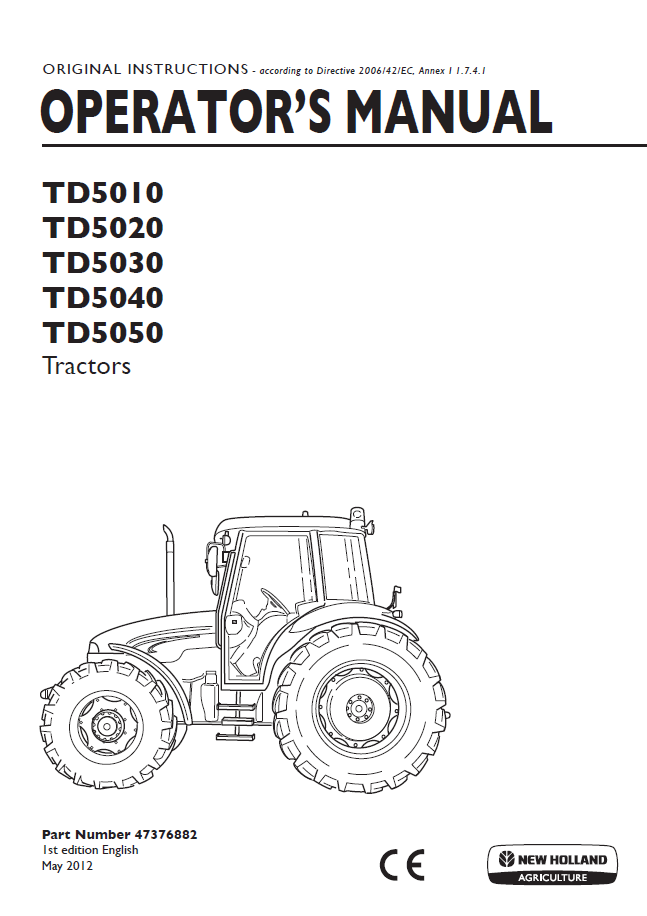 New Holland TD5010, TD5020, TD5030, TD5040, TD5050 Tractor Operator Manual (47376882 PDF)