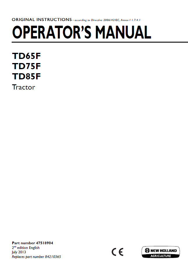 New Holland TD65F TD75F TD85F Tractor Operator's Manual (47518904 PDF)