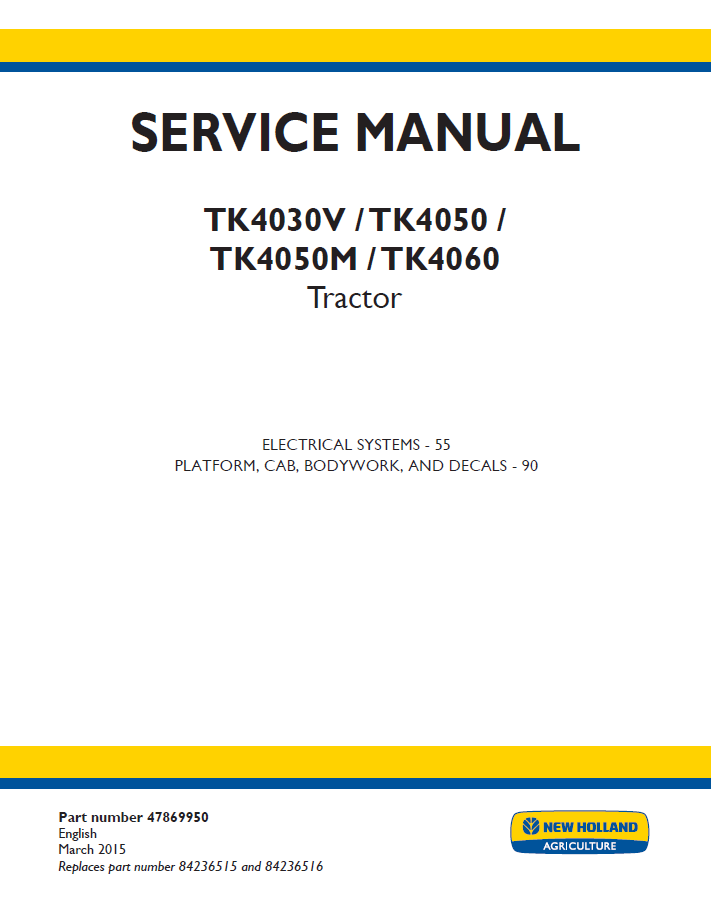 New Holland TK4030V, TK4050, TK4050M, TK4060 Tractor Service Manual (Part No. 47869950)