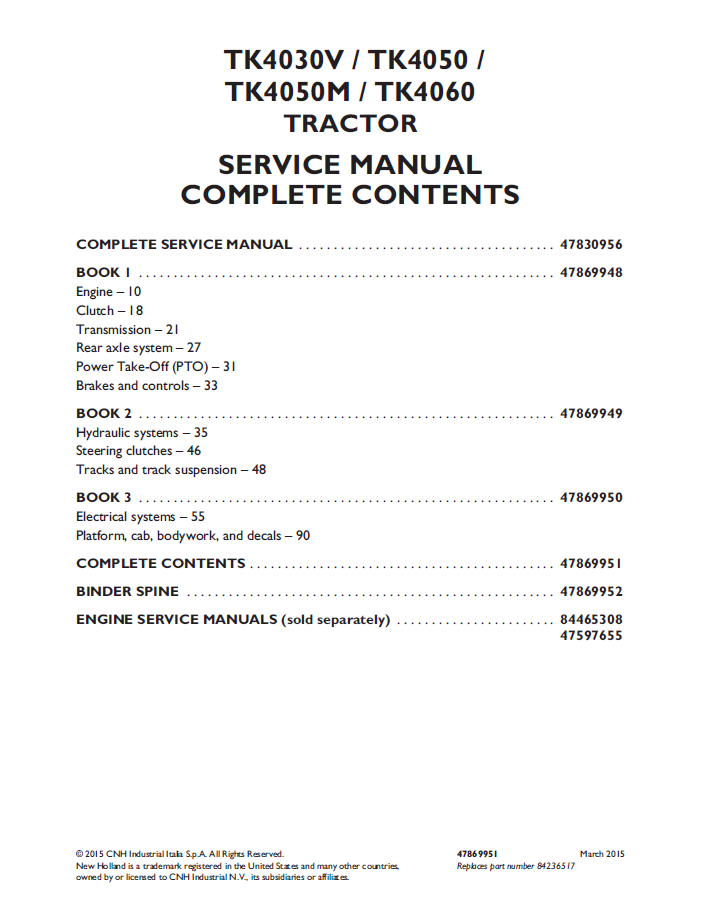 New Holland TK4030V, TK4050, TK4050M, TK4060 Tractor Service Manual (Part No. 47869951)