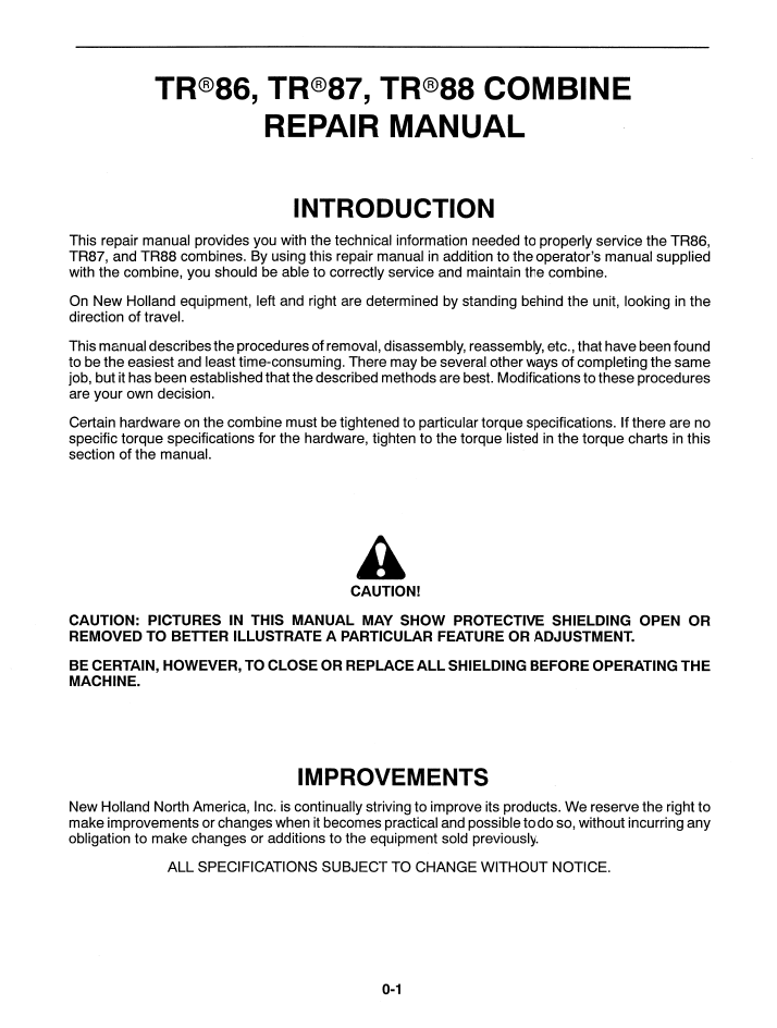 New Holland TR86 TR87 TR88 Combine Service Manual 40008601 PDF