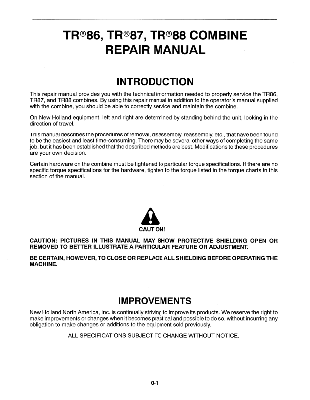 New Holland TR86 TR87 TR88 Combine Service Manual 40008630 PDF