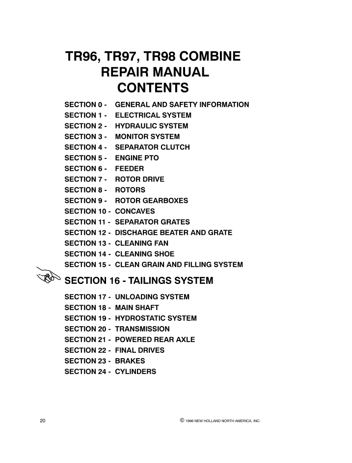 New Holland TR96 TR97 TR98 Combine Maintenance Manual 40009616