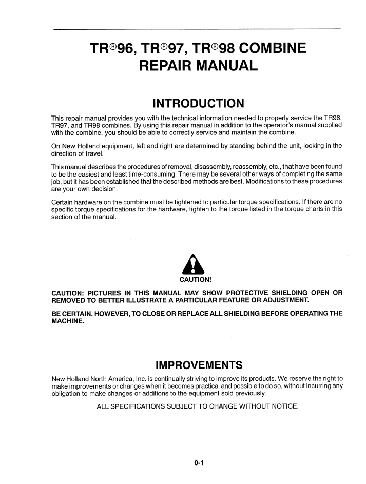 New Holland TR96 TR97 TR98 Combine Workshop Manual 40009601A PDF