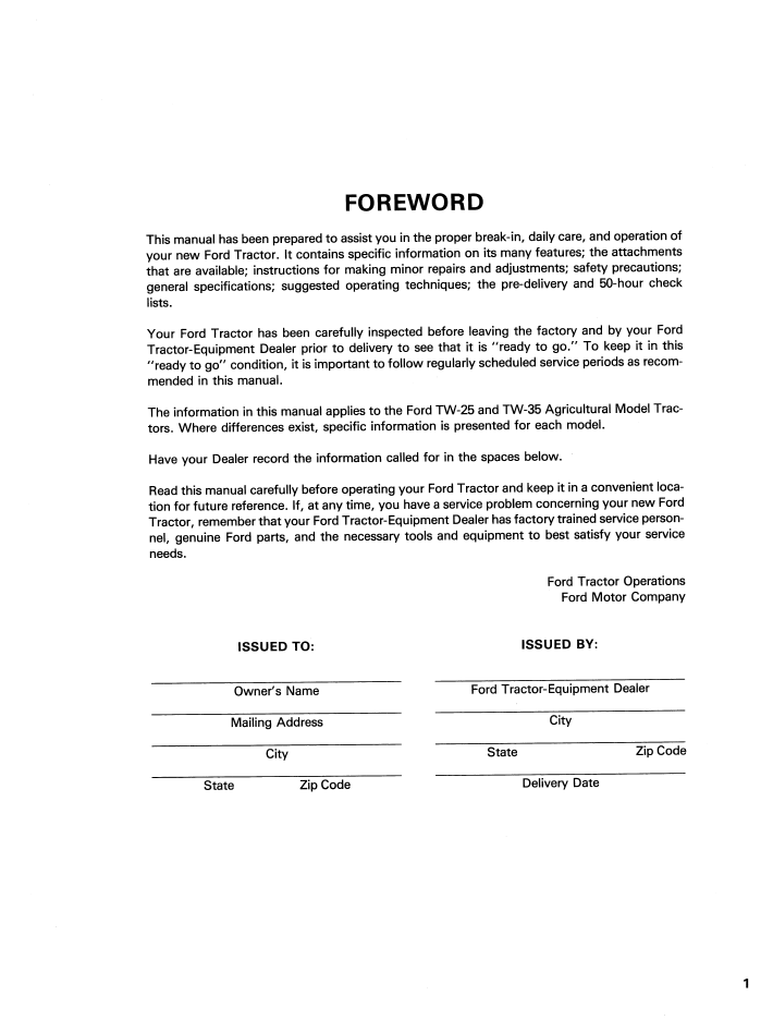 New Holland TW-25 TW-35 Tractor Operator Guide 42002512 PDF