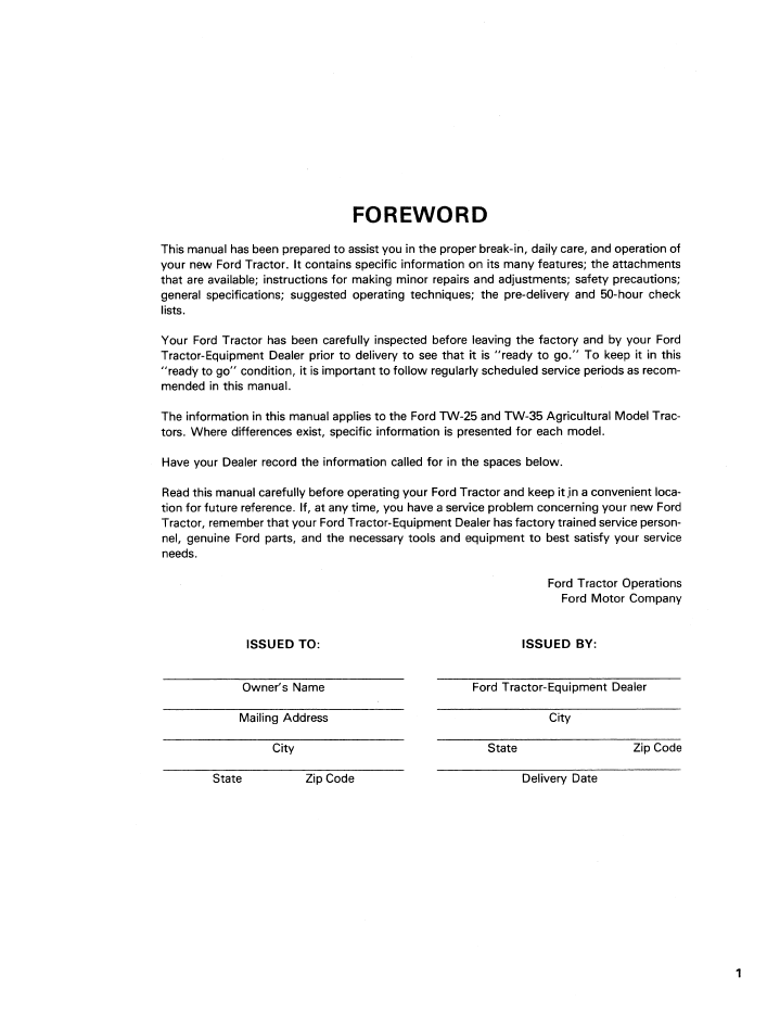 New Holland TW-25 TW-35 Tractor Operator Guide 42002520 PDF