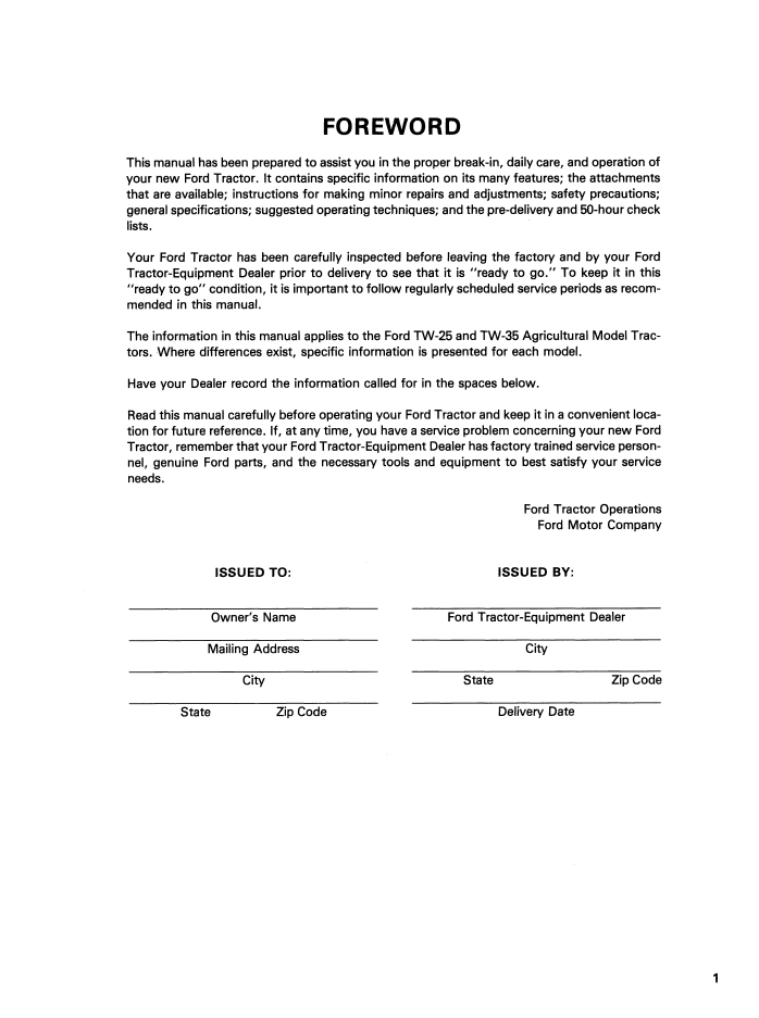 New Holland TW-25 TW-35 Tractor Operator Guide 42002521 PDF