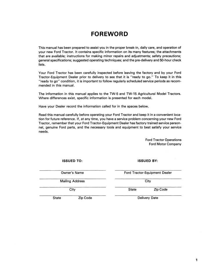 New Holland TW-5 TW-15 Tractor Operator Guide 42001520 PDF