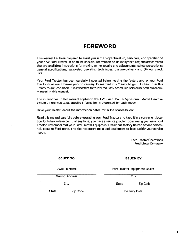 New Holland TW-5 and TW-15 Tractor Operator Guide 42000520