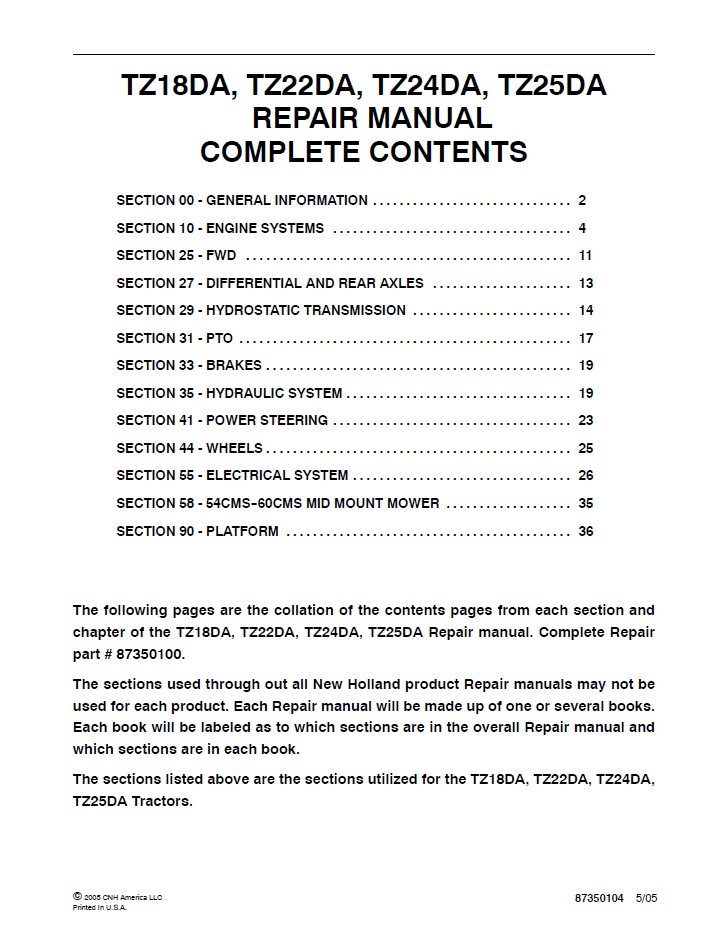 New Holland TZ18DA TZ22DA TZ24DA TZ25DA Service Manual PDF