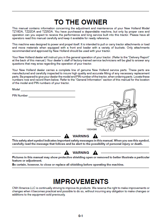 New Holland TZ18DA TZ22DA TZ25DA Manual 54CMS 60CMS 87544689