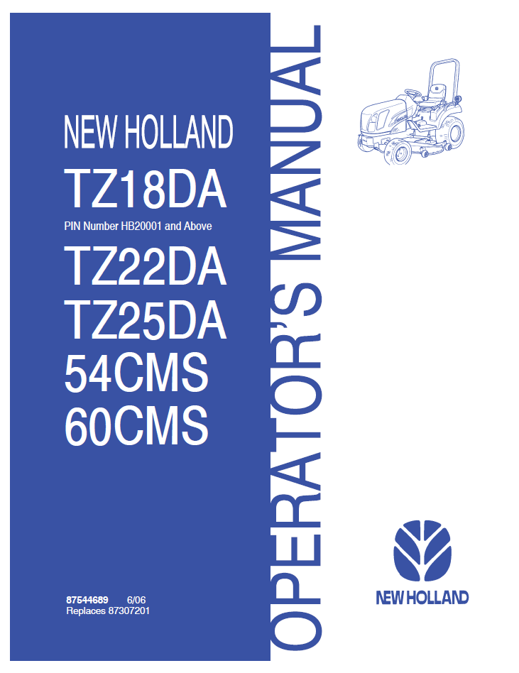 New Holland TZ18DA TZ22DA TZ25DA Tractor Operator Manual 87544689
