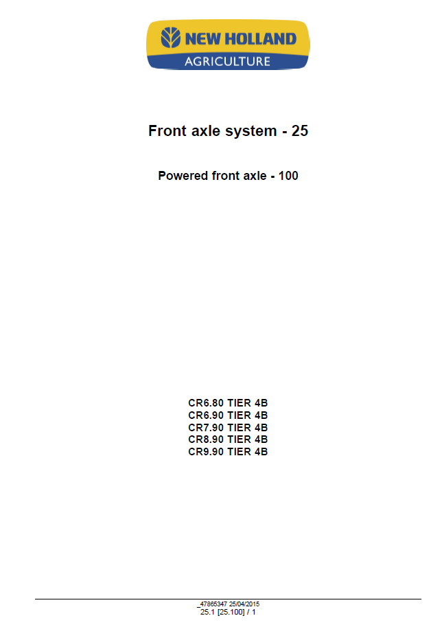 New Holland Tier 4B Combine Harvester Repair & Service Manual 47878223 PDF