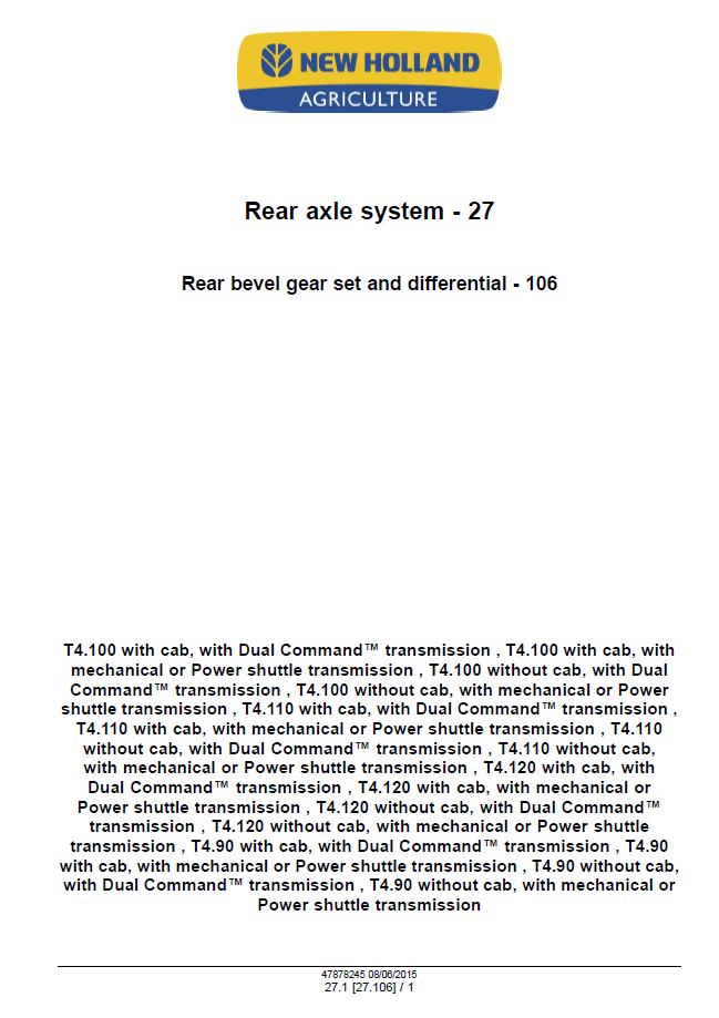 New Holland Tier 4B Tractor Repair and Diagnostic Manual 47899694 PDF