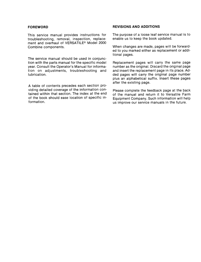New Holland Versatile 2000 Combine Workshop and Repair Handbook 43200010 (PDF)