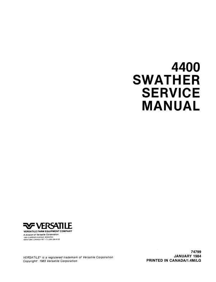 New Holland Versatile 4400 Swather Workshop Manual 40440015 PDF