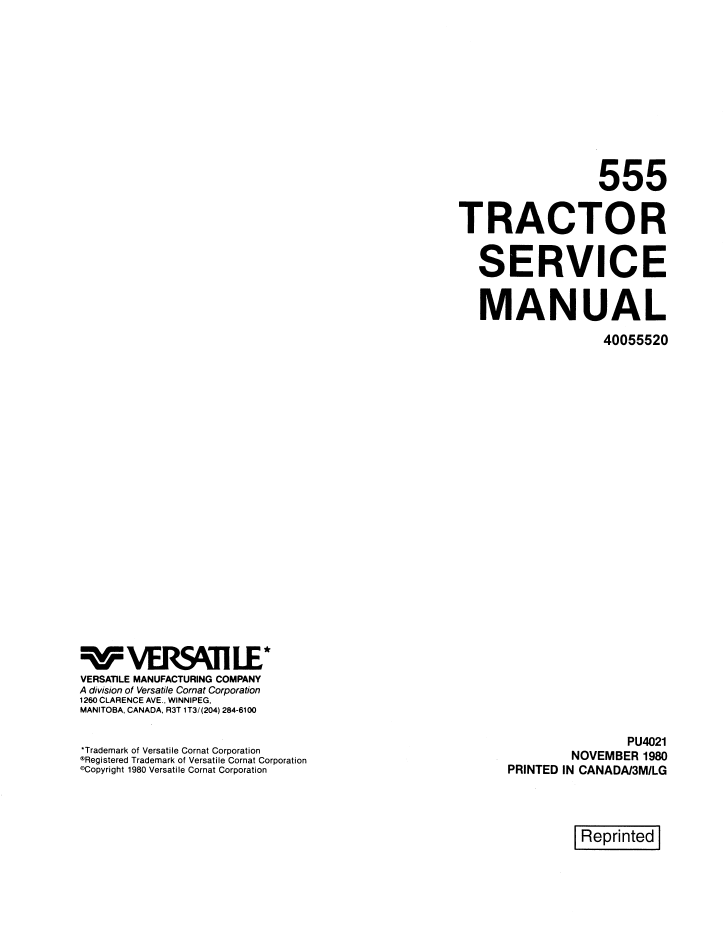 New Holland Versatile 555 Tractor Service Manual 40055520 PDF