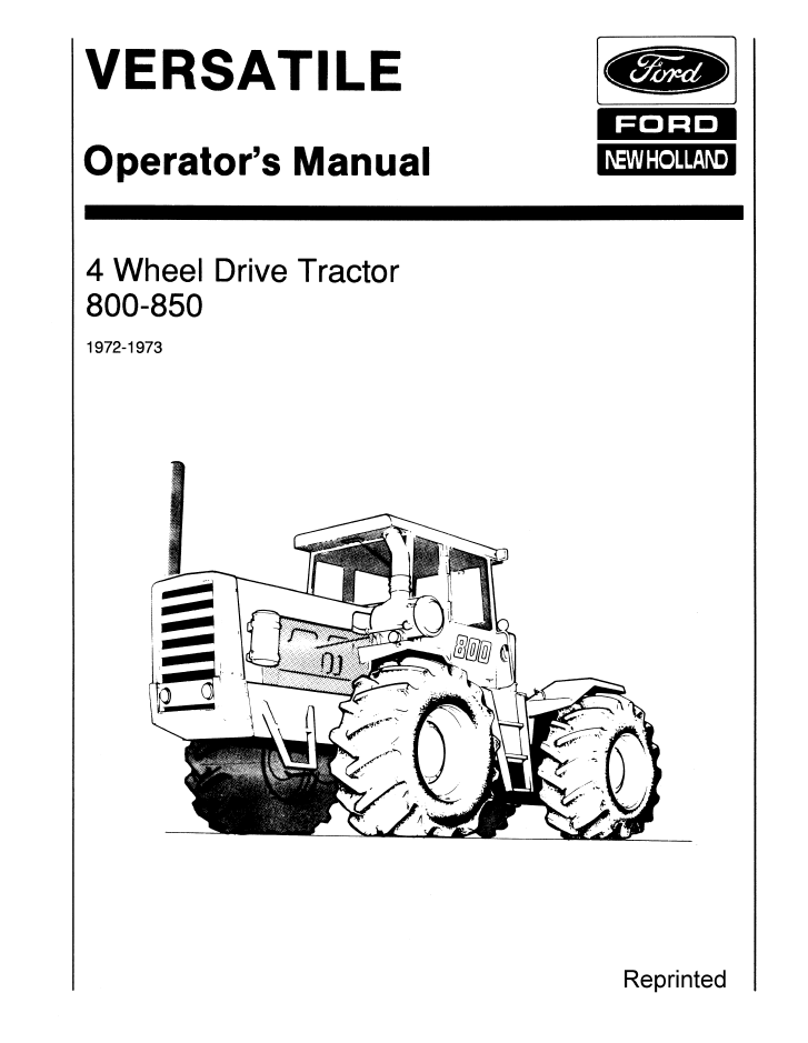 New Holland Versatile 800-850 4WD Tractor Manual 42080020
