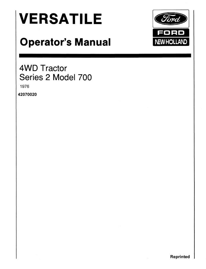 New Holland Versatile Series 2 700 4WD Tractor Manual 42070020