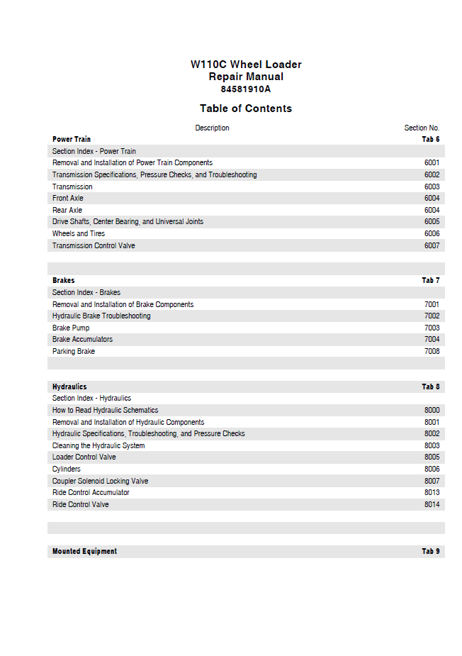 New Holland W110C Tier II Loader Service Manual 47476332 PDF
