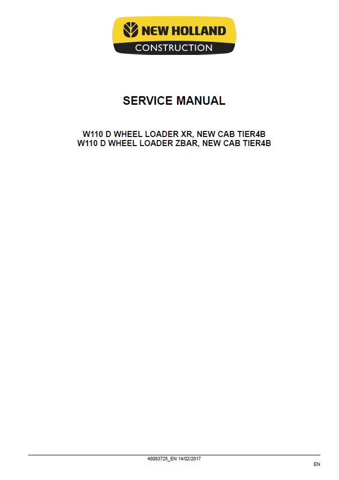 New Holland W110D Stage IV Wheel Loader Repair Manual 48083725 PDF
