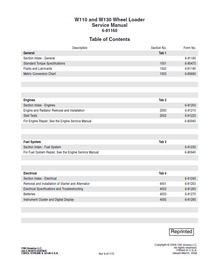 New Holland W110 W130 Wheel Loader Service Manual 6-81160NAR0