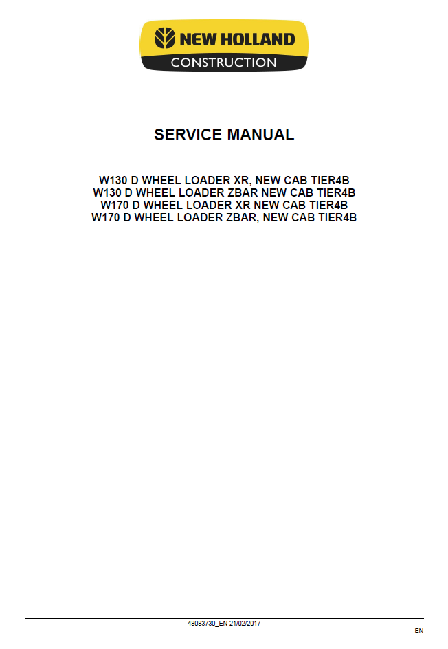 New Holland W130D W170D Stage IV Wheel Loader Repair Manual 48083730 PDF