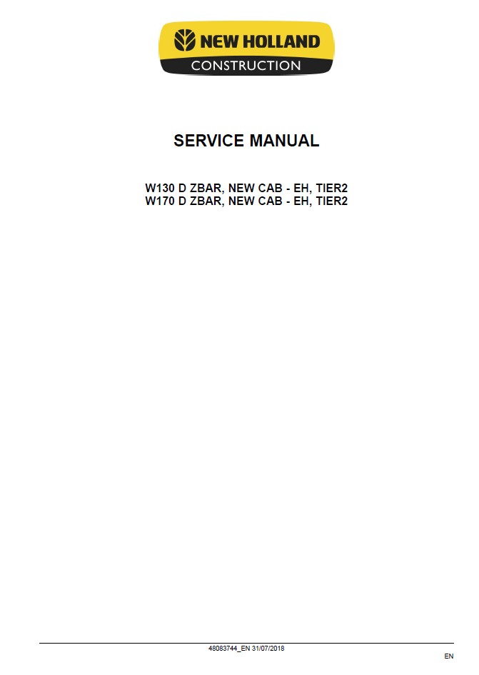 New Holland W130D W170D Tier 2 Wheel Loader Repair Manual 48083744 PDF