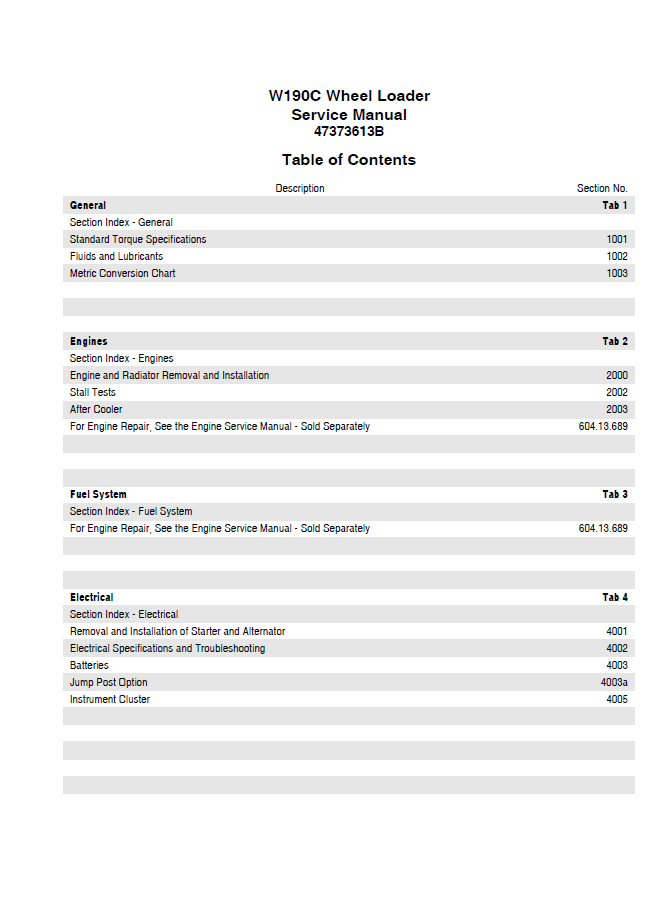 New Holland W190C Wheel Loader Workshop Manual 47373613B PDF