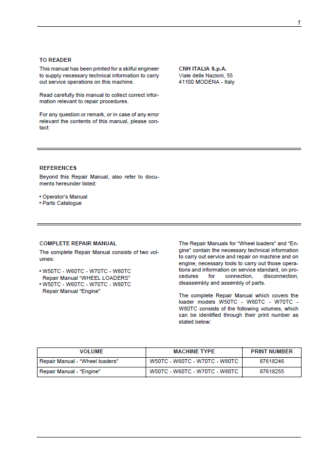 New Holland W50TC-W80TC Wheel Loader Repair Manual 87618246 PDF