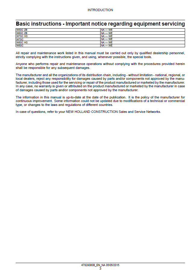 New Holland W80C Tier 4B Final Compact Wheel Loader Technical Service Manual (47829080B)