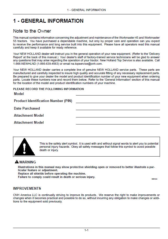 New Holland Workmaster 45 and 55 Tractor Owner Handbook [47538436]